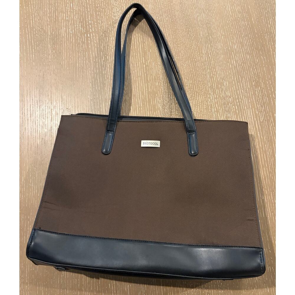 Protocol Brown Canvas Tote Bag Black Faux Leather Trim Shoulder Work Laptop‎